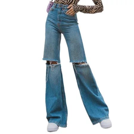 Women's Summer Y2K High Waist Wide Leg Ripped Jeans Denim Flared Pants Streetwear | Walmart (US)