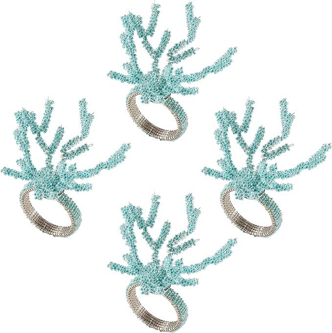 Fennco Styles Beaded Coral Dinner Napkin Rings - Set of 4 (Aqua) | Amazon (US)