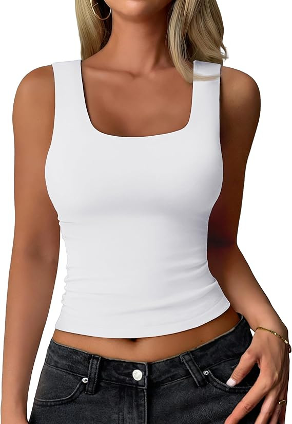 YUCOLEN Women's Double Lined Tank Top Fitted Scoop Neck Casual Basic Summer Tank Sleeveless Tops | Amazon (US)