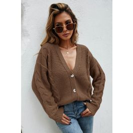 Braid Pattern Buttoned Knit Cardigan in Brown | Chicwish