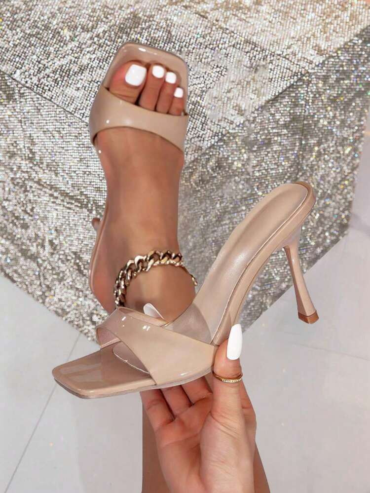 Women's New Stylish Minimalist Solid Color Square Toe Thin High Heel Mules, Petite Flattering Versatile Square Toe Slide Sandals | SHEIN