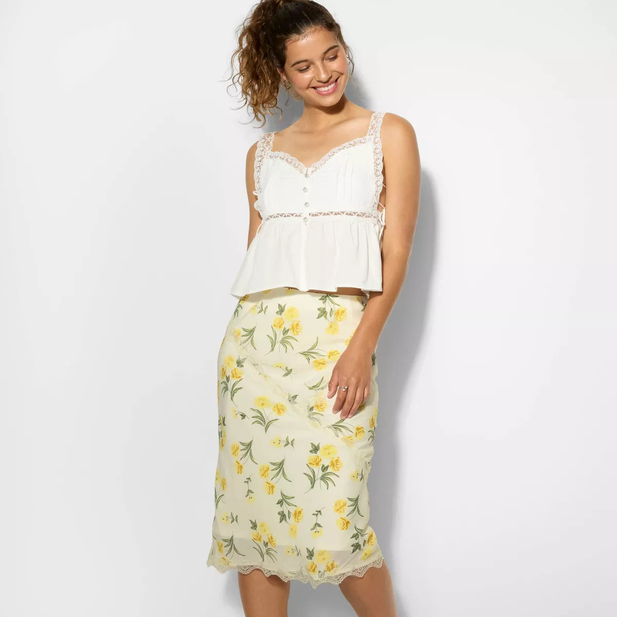 Women's Lace Trim Midi A-Line Skirt - Wild Fable™ Yellow Floral XS | Target
