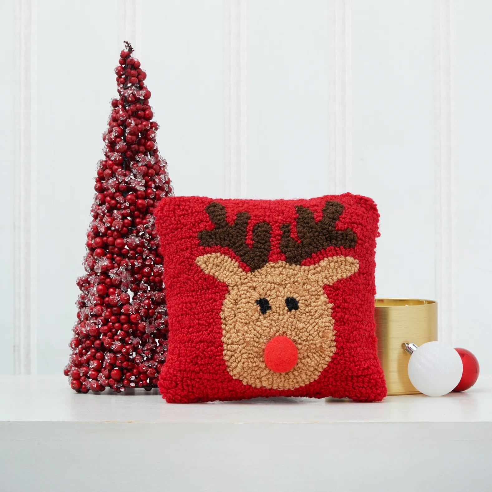 Reindeer Games Reindeer with Red Nose on Red Background Petite Accent Hooked Christmas Pillow | Wayfair North America