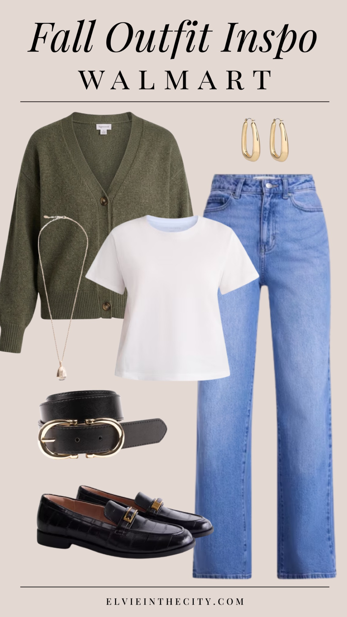 This fall outfit inspiration from Walmart includes a white tee paired with a green cardigan sweater, wide leg jeans, a black belt, black loafers, a gold necklace, and gold earrings.

Ootd, walmart fashion, affordable fashion, fashion over 40, over 50 style

#LTKPetite #LTKootd #LTKOver40