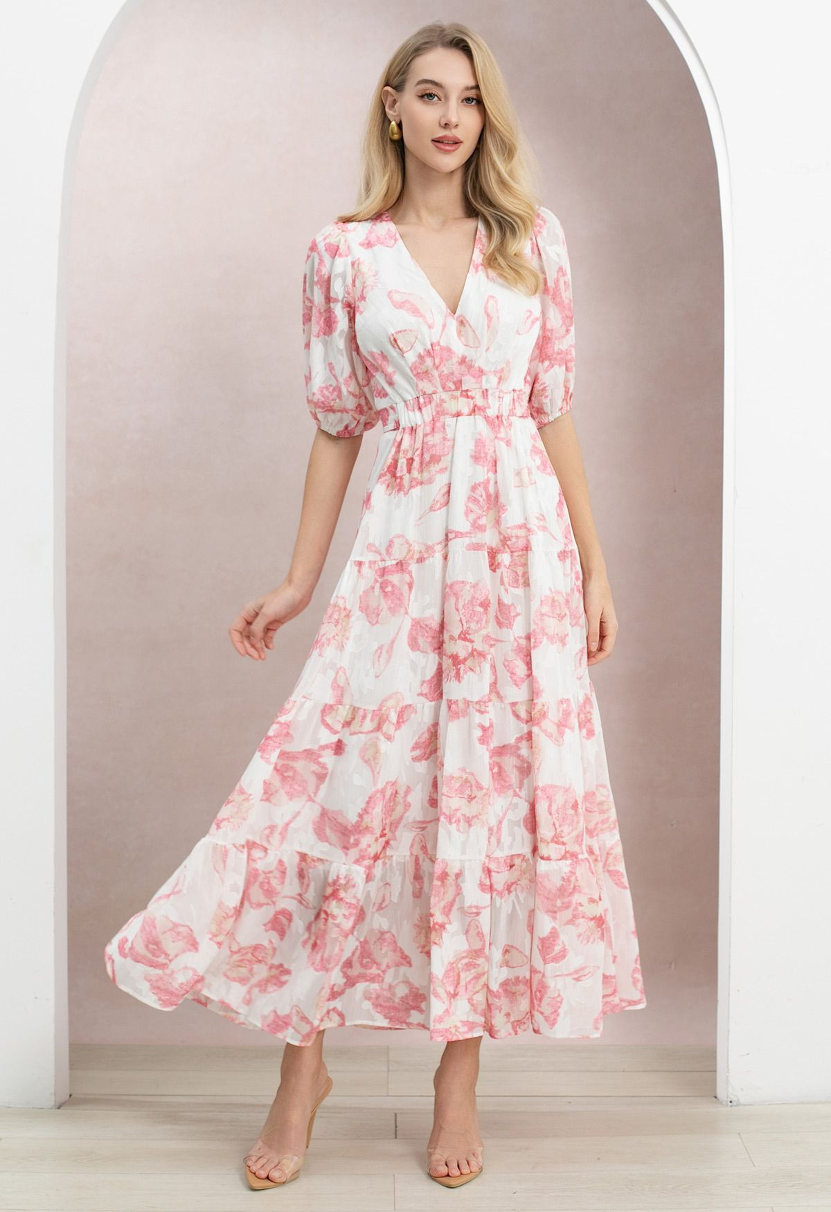 Peony Jacquard Tie-Back Frilling Maxi Dress for Brunch Dates & Casual Weddings | Chicwish