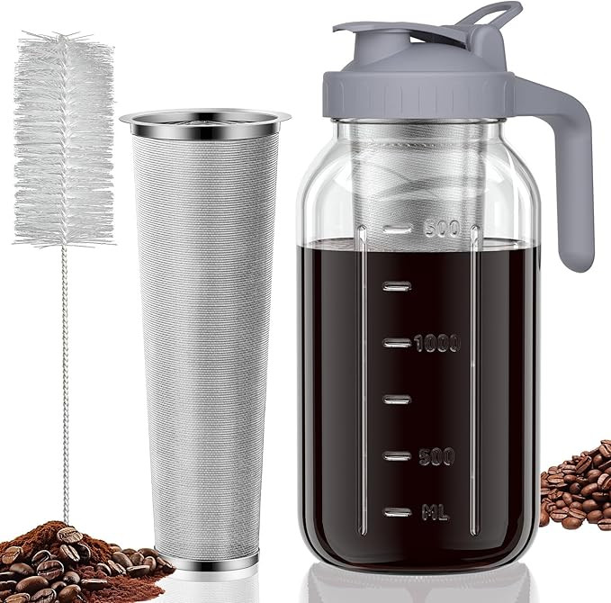 Cold Brew Coffee Maker Jar - 64oz Thick Glass Multipurpose Mason Pitcher Spout Lid with Handle & ... | Amazon (US)