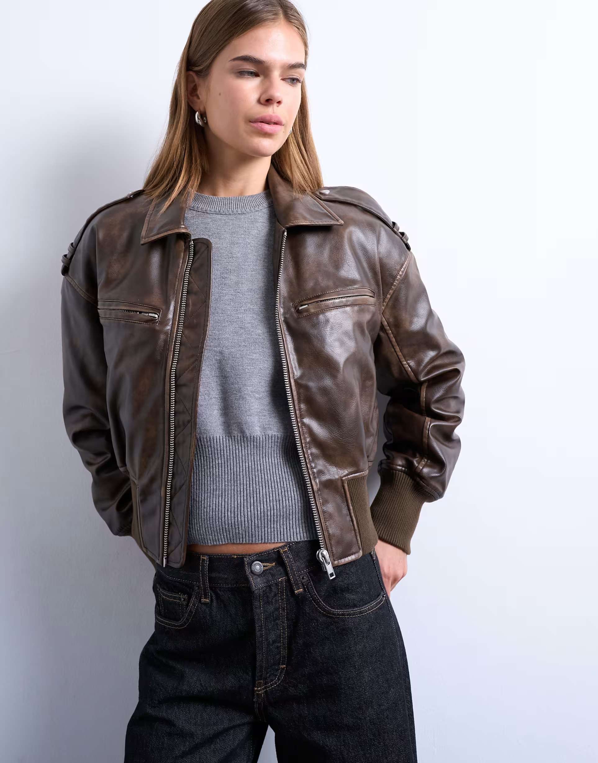 Topshop faux leather ovoid sleeve bomber jacket in washed brown | ASOS | ASOS (Global)