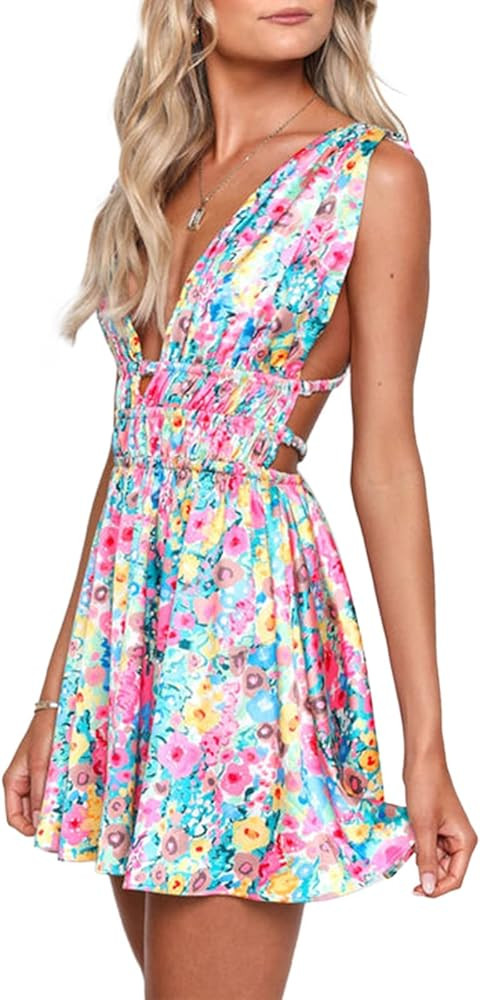 Women Y2k Print Knit Bodycon Dress Funky Halter Neck Sleeveless Strappy Cutout Backless E-Girl Cl... | Amazon (US)