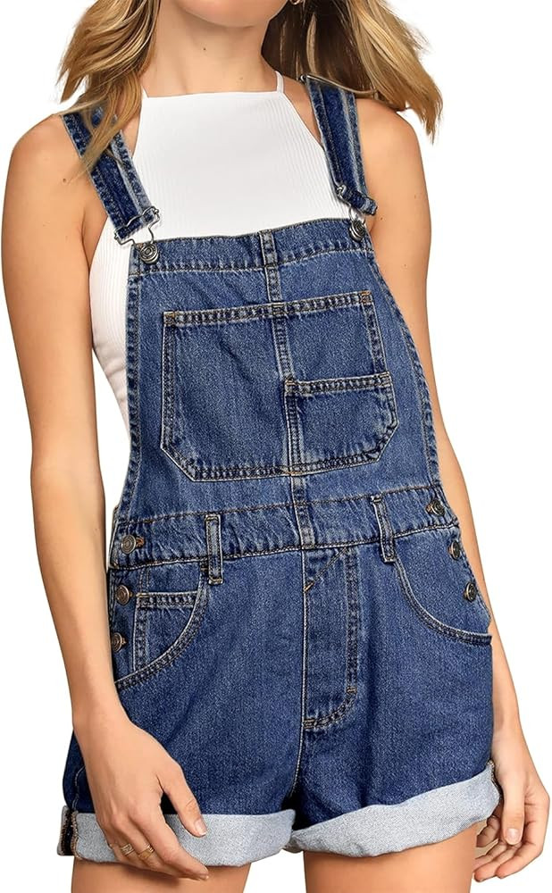 Women's Casual Denim Bib Overall Shorts Adjustable Straps Cuffed Hem Shortall Rompers | Amazon (US)
