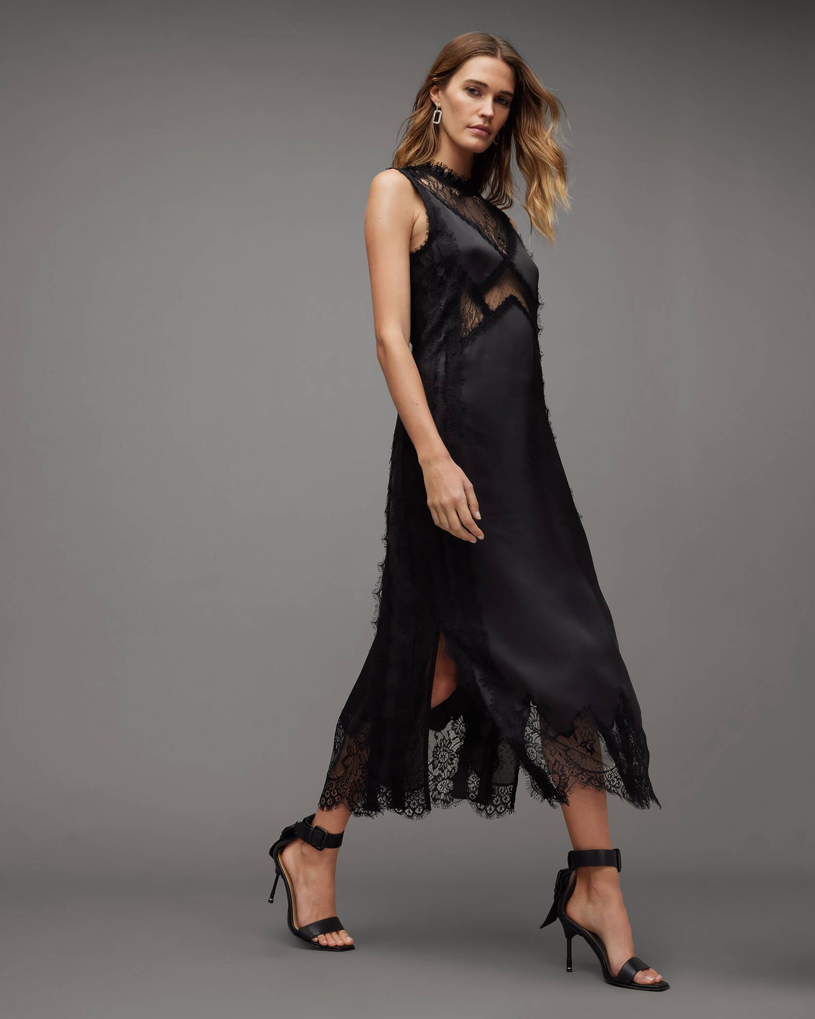 Mila Lace Panelled Frill Trim Maxi Dress Black | ALLSAINTS US | AllSaints US