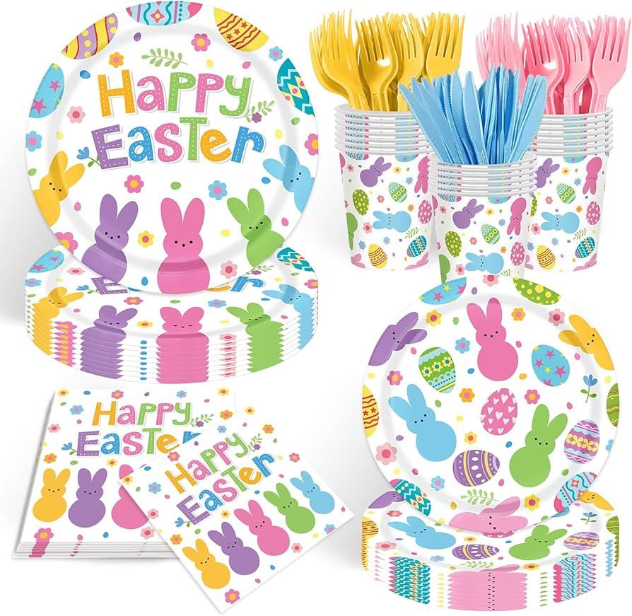 Easter Paper Plates and Napkins Sets,144pcs Bunny Egg Happy Easter Tableware Supplies Disposable ... | Amazon (US)