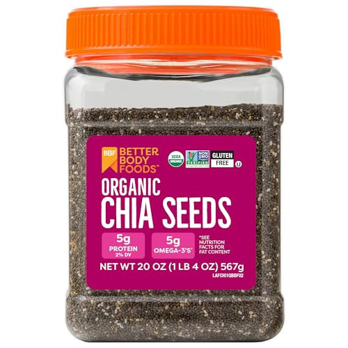 BetterBody Foods Organic Chia Seeds with Omega-3, Non-GMO, Gluten Free, Keto Diet Friendly, Vegan, Good Source of Fiber, Add to Smoothies, 1.25lb | Amazon (US)