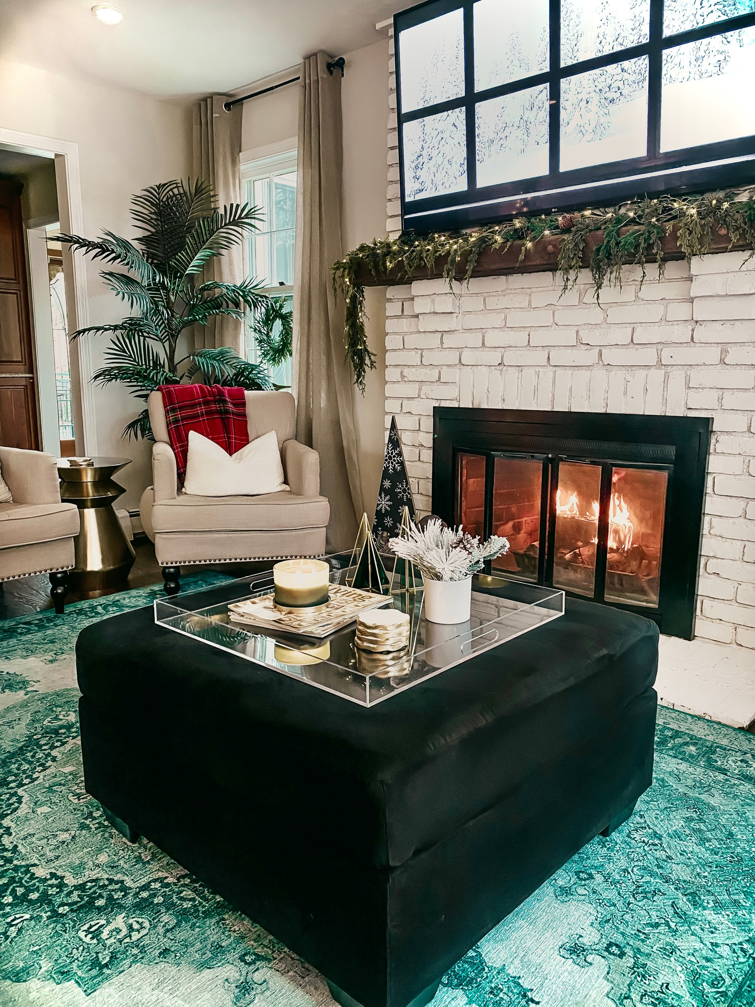 Living room decor and furniture.. neutral with teal green rug. Velvet ottoman and acrylic coffee table tray.



#LTKSeasonal #LTKhome #LTKHoliday