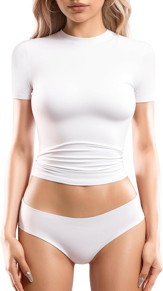 MANGOPOP Women's Double Lined Short Sleeve Tops Crew Neck T Shirts Fitted Basic Tee | Amazon (US)