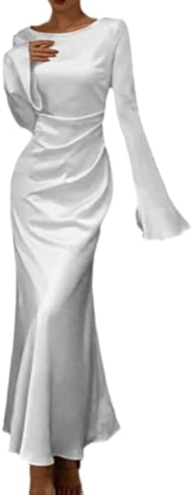 Bell Sleeve Dress White Maxi Dress Aesthetic Dress Satin Dress Satin Maxi Dress Waist Wedding Par... | Amazon (US)