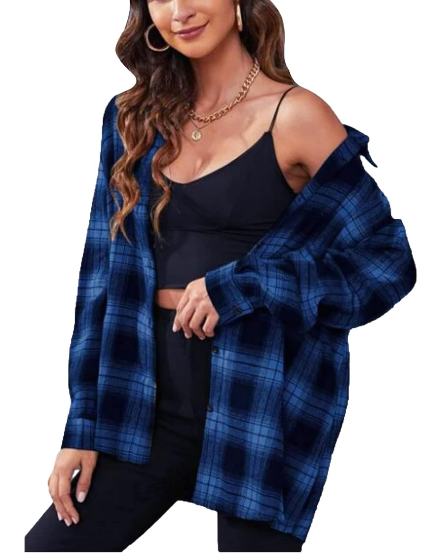 HangNiFang Womens Flannel Plaid Shirts Oversized Lightweight Button Down Shirts Blouse | Amazon (US)