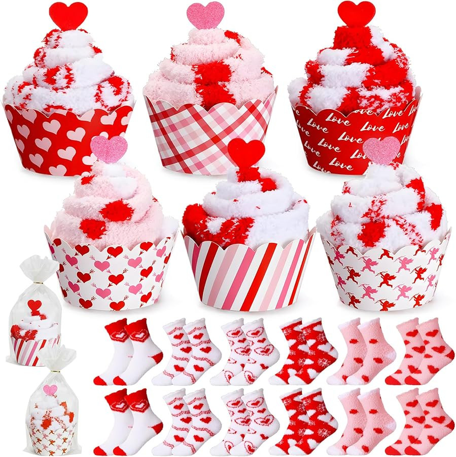Coume 24 Pairs Valentine's Day Fuzzy Cupcake Socks Bulk for Women Heart Socks Fluffy Cozy DIY Red... | Amazon (US)