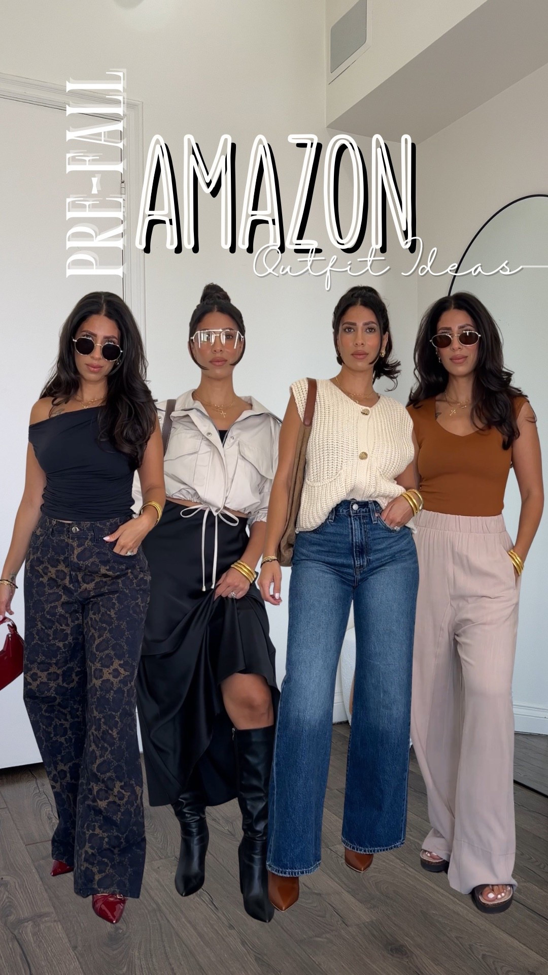 Amazon pre fall outfits. 

5’4 132lbs
Outfit 1: leopard pants and top small 
Outfit 2: satin skirt and cinch utility jacket small 
Outfit 3: jeans size 27
Outfit 4: linen pants small, bodysuit medium