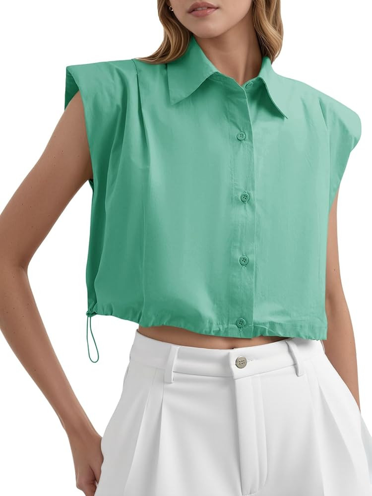 Womens Sleeveless Button Down Shirts Casual Loose V Neck Pad Shoulder Crop Tank Top | Amazon (US)