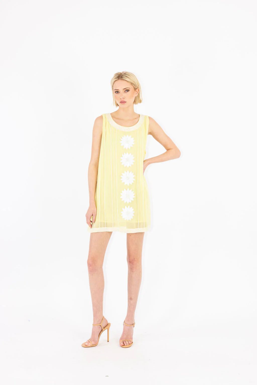 yellow floral embellished mini a-line dress | La Vie Style House