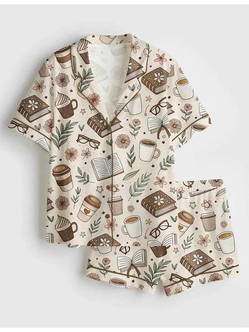 Women\u2019s Coffee Books Satin Pajama Set, Beige Bookish Short Sleeve Sleepwear, Reading Lover G... | Walmart (US)