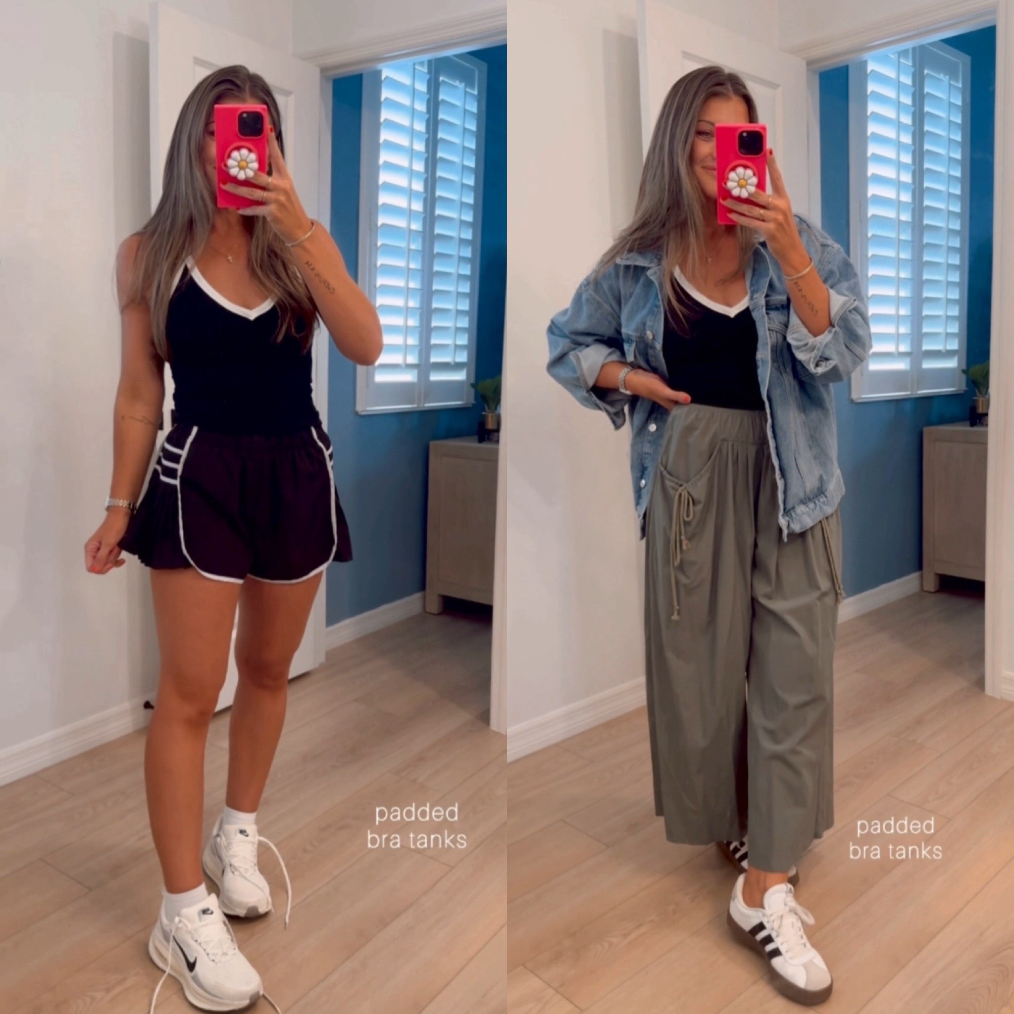 These Amazon tanks with the built in bra have been a game changer for me!!!!! Such a great staple. Here’s an outfit idea for summer & one for fall transition to give you style ideas 💕 all items true to size but did XS in the green pants 