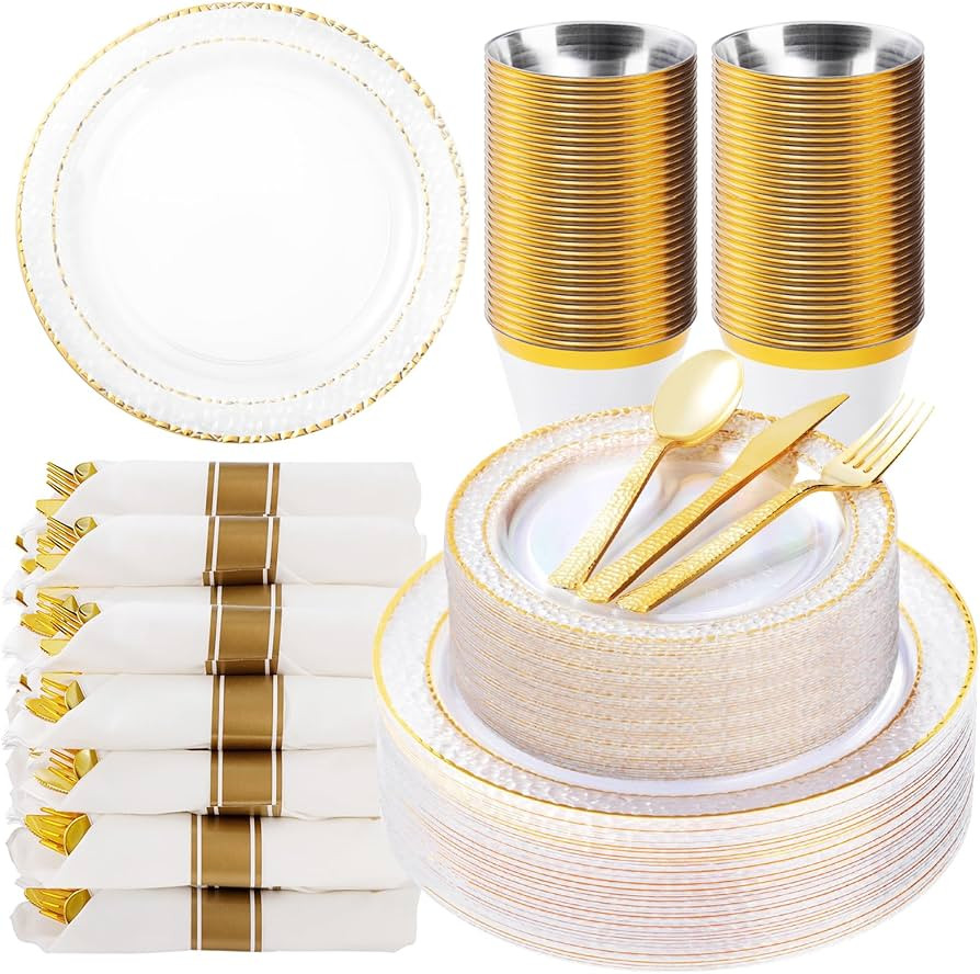 350PCS Clear Plastic Plates with Gold Trim for 50 Guests, Disposable Dinnerware Set for Party & W... | Amazon (US)