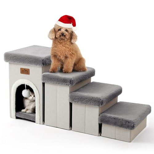 COZY KISS Dog Stairs for Small Dogs with Storage and Condo, 17.5" H Foldable Pet Stairs for Small Medium or Puppy Dogs and Older Cats, Dog Steps for Bed or Couch, 13x35x17.5 inch, 4 Tiers, Grey | Amazon (US)
