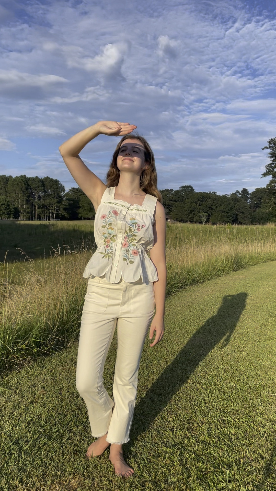 Monochromatic summer courtesy of Spartina!! This cute tank is so light and airy, and precious with the floral embroidery and scalloped peplum hem. And these jeans are so fantastic – a lovely cream color, durable, thick material, and a fantastic cut! I went up my normal size in these 🫶🏻 / coordinating / coords / co-ords 

#LTKSummerSales #LTKVideo #LTKFamily