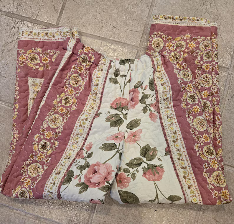 Upcycled Quilt Blanket Pants sz M pink floral handmade Don't Throw It Out | Etsy (US)