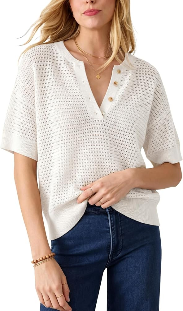 Dqbeng Crochet Tops for Women V Neck Short Sleeve Open Knit Sweater Lightweight Summer Pullover B... | Amazon (US)
