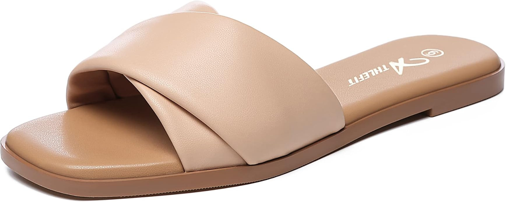 Athlefit Women's Summer Flat Sandals Slip On Square Toe Soft Leather Slide Sandals | Amazon (US)