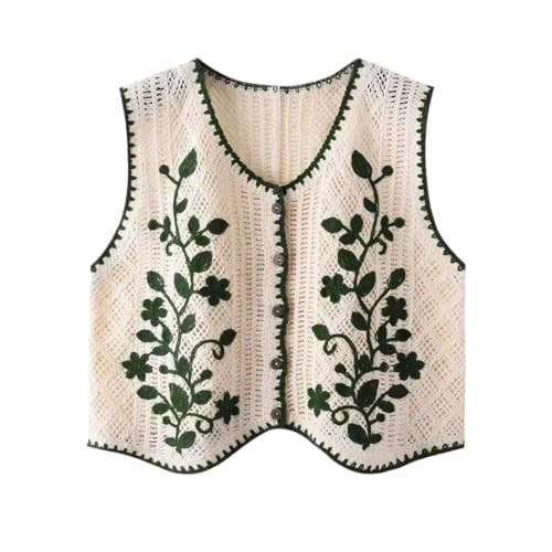Women's Floral Embroidered Vest Flower Embroidery Crochet Waistcoat Sleeveless Button Front Vest Cardigan Vintage(Color1) | Amazon (US)