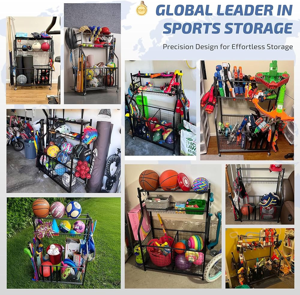 PLKOW Sports Equipment Organizer - Garage Storage Rack with Basket and Hooks, Ball Storage, Toy a... | Amazon (US)
