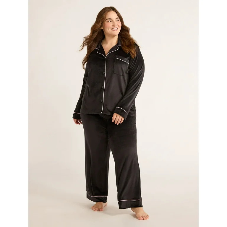 Joyspun Women's Velour Notch Collar Top and Pants Pajama Set, 2-Piece, Sizes S-3X | Walmart (US)