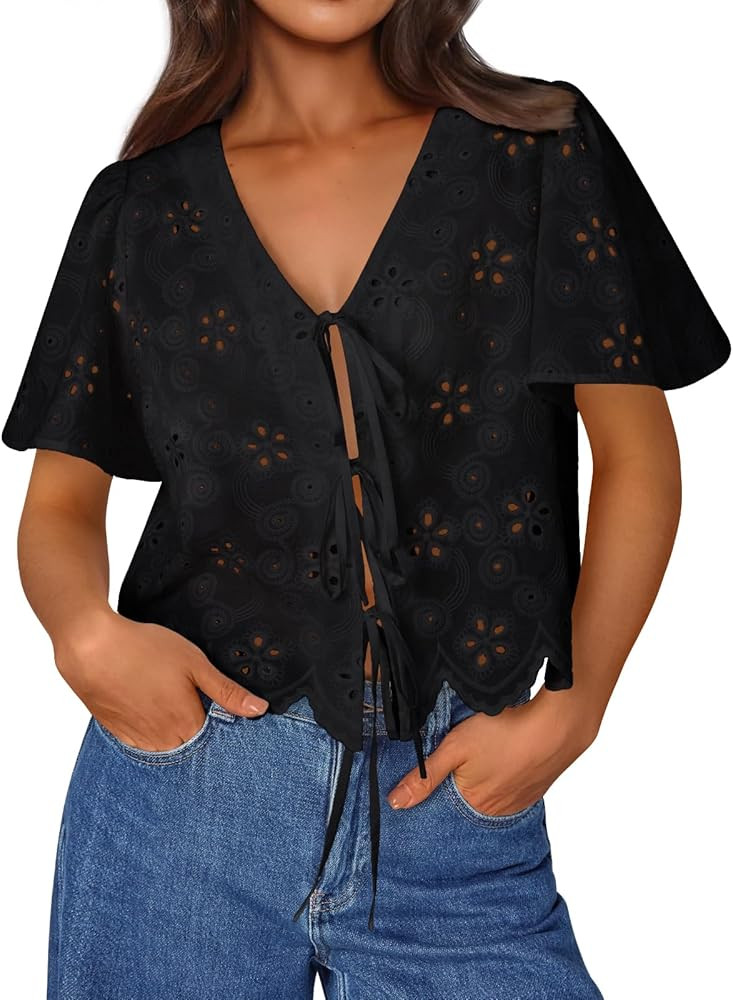 Trendy Queen Womens Summer Tops Cute Boho Blouses Beach Vacation Spring Outfits 2026 Tie Front Ey... | Amazon (US)