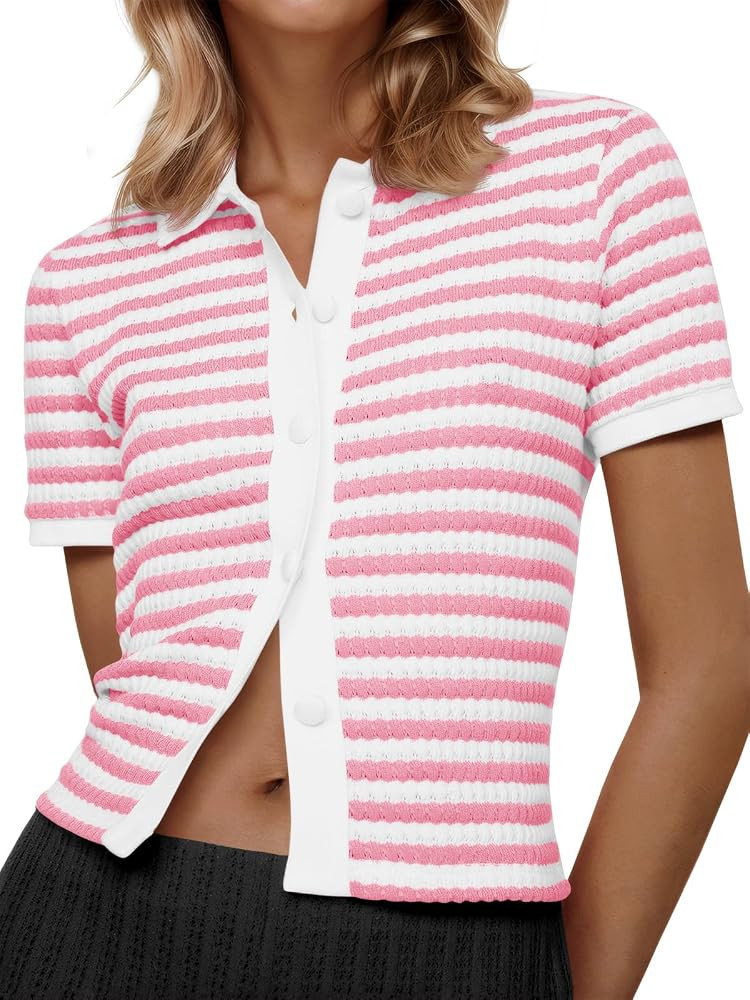 Saodimallsu Womens Striped Short Sleeve Sweater Tops Polo Collared Button Crochet Summer Cropped ... | Amazon (US)