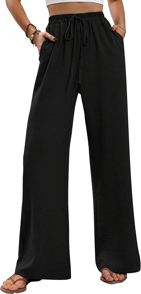 AUBIG Womens Wide Leg Trousers Casual Loose Lounge Pants with Drawstring Solid Baggy Ladies Trous... | Amazon (US)