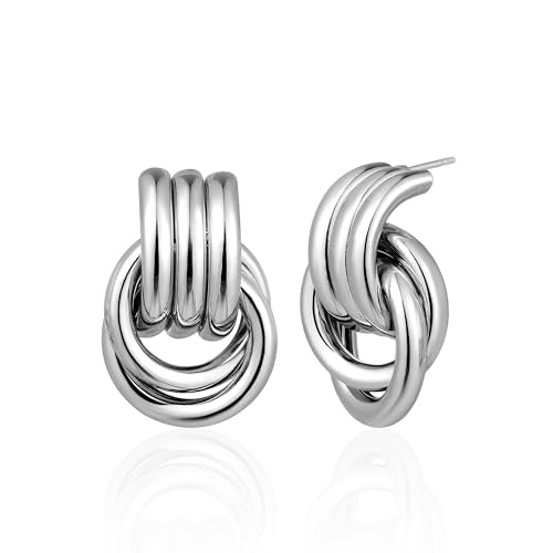 Chunky Gold Knot Earrings for Women, Gold Silver Statement Geometric Drop Dangle Long Link Earrings Trendy Dupes Jewelry (Double Knot-Silver, Large - 30mm) | Amazon (US)