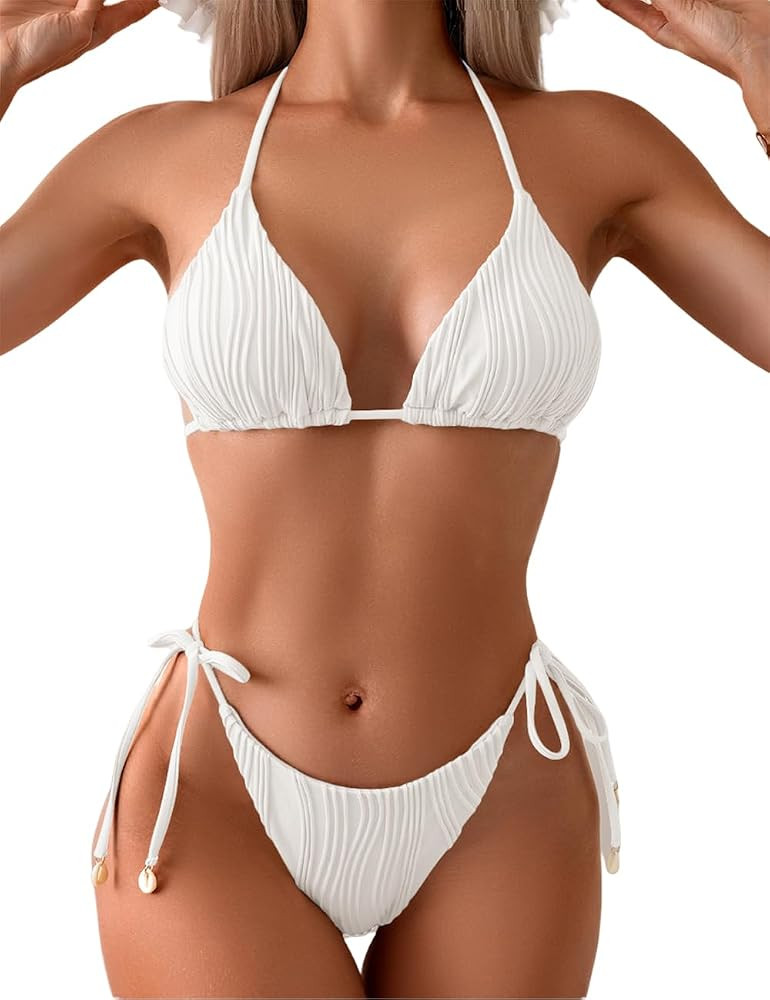 Tainehs Ribbed Two Piece Bikini Sets for Women Sexy Halter Triangle Top Swimsuit String Thong Bat... | Amazon (US)
