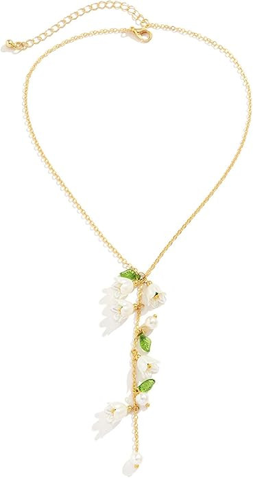 Lily of the Valley Flower Necklace Earrings Gold Plated Boho White Fairy Flowers Tassel Pearl Gre... | Amazon (US)