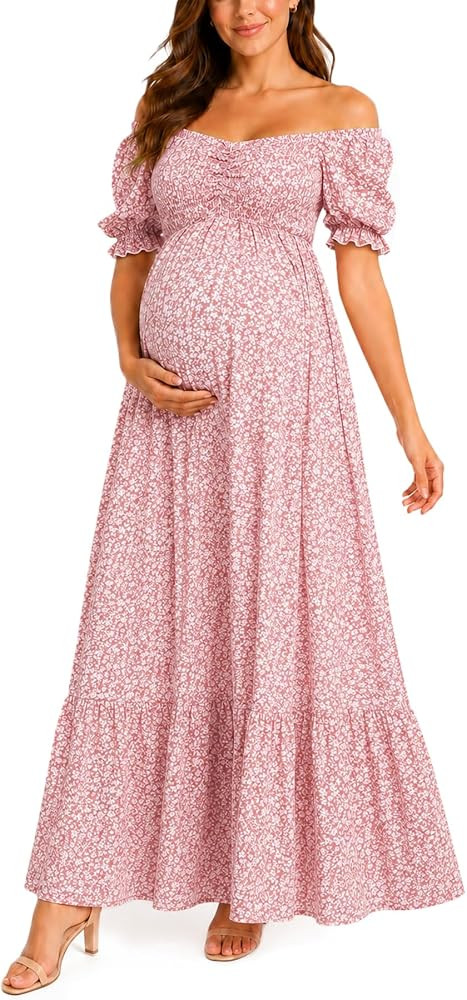 Maternity Dress Baby Shower - 2025 Photoshoot Pregnancy Summer Floral Maxi Off Shoulder Casual Dr... | Amazon (US)