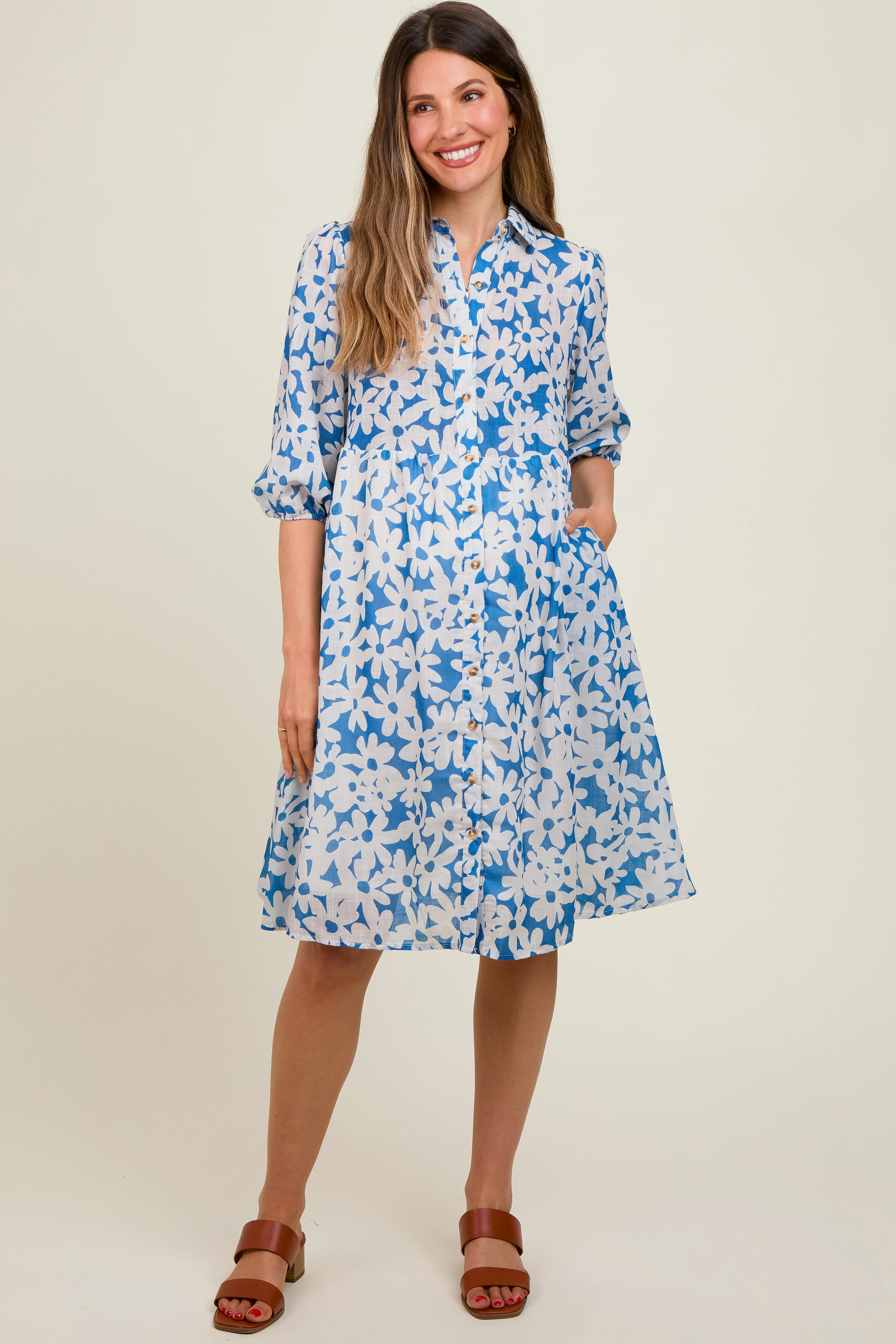 Blue Floral Button Down Maternity Dress | PinkBlush Maternity