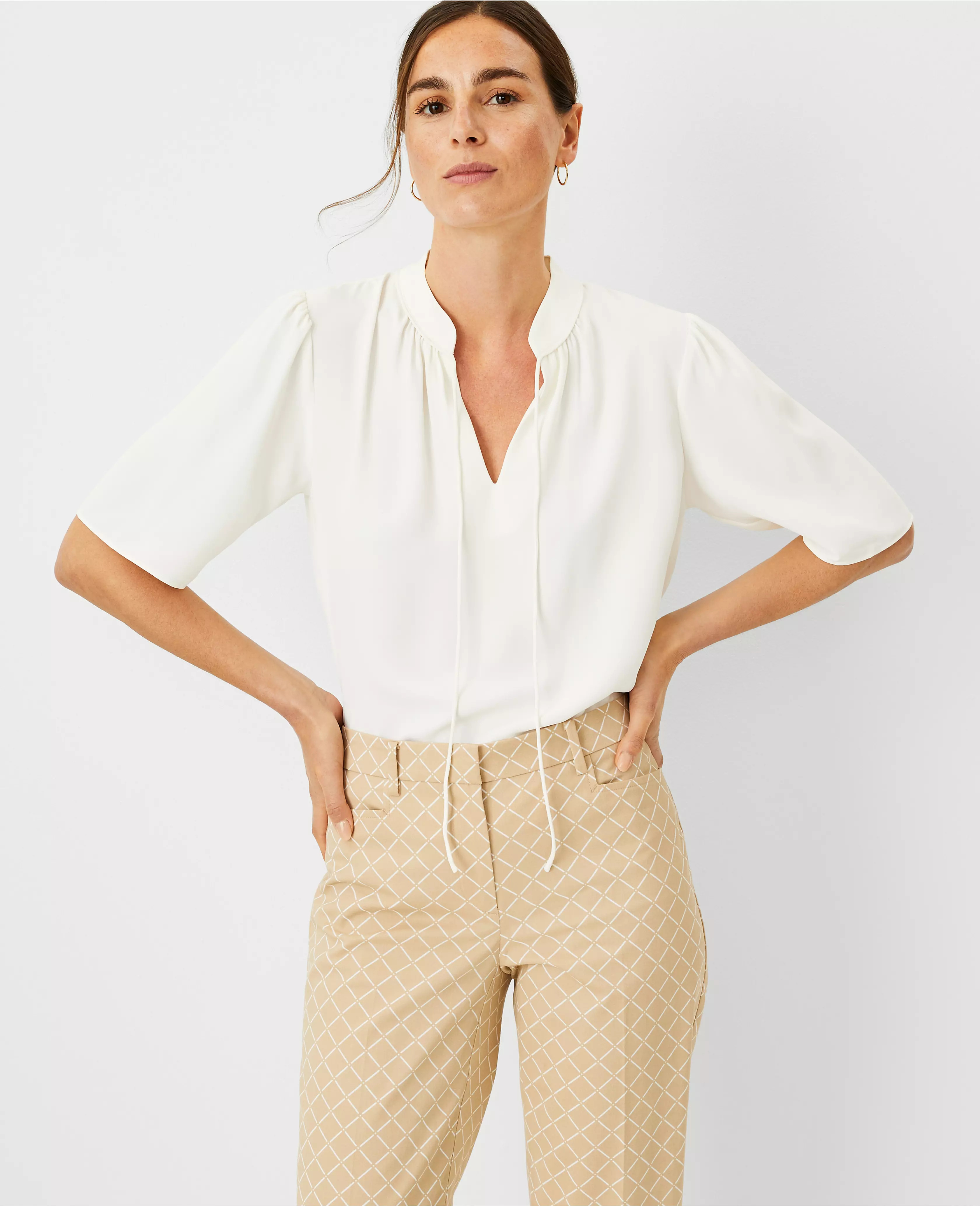 Petite Stand Collar Tie Neck Top | Ann Taylor (US)