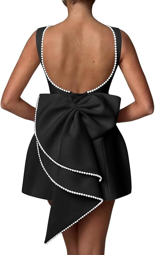 Mini Prom Dress Pearl Satin Evening Dress with Bow Backless Bodycon Formal Party Gowns AD045 | Amazon (US)
