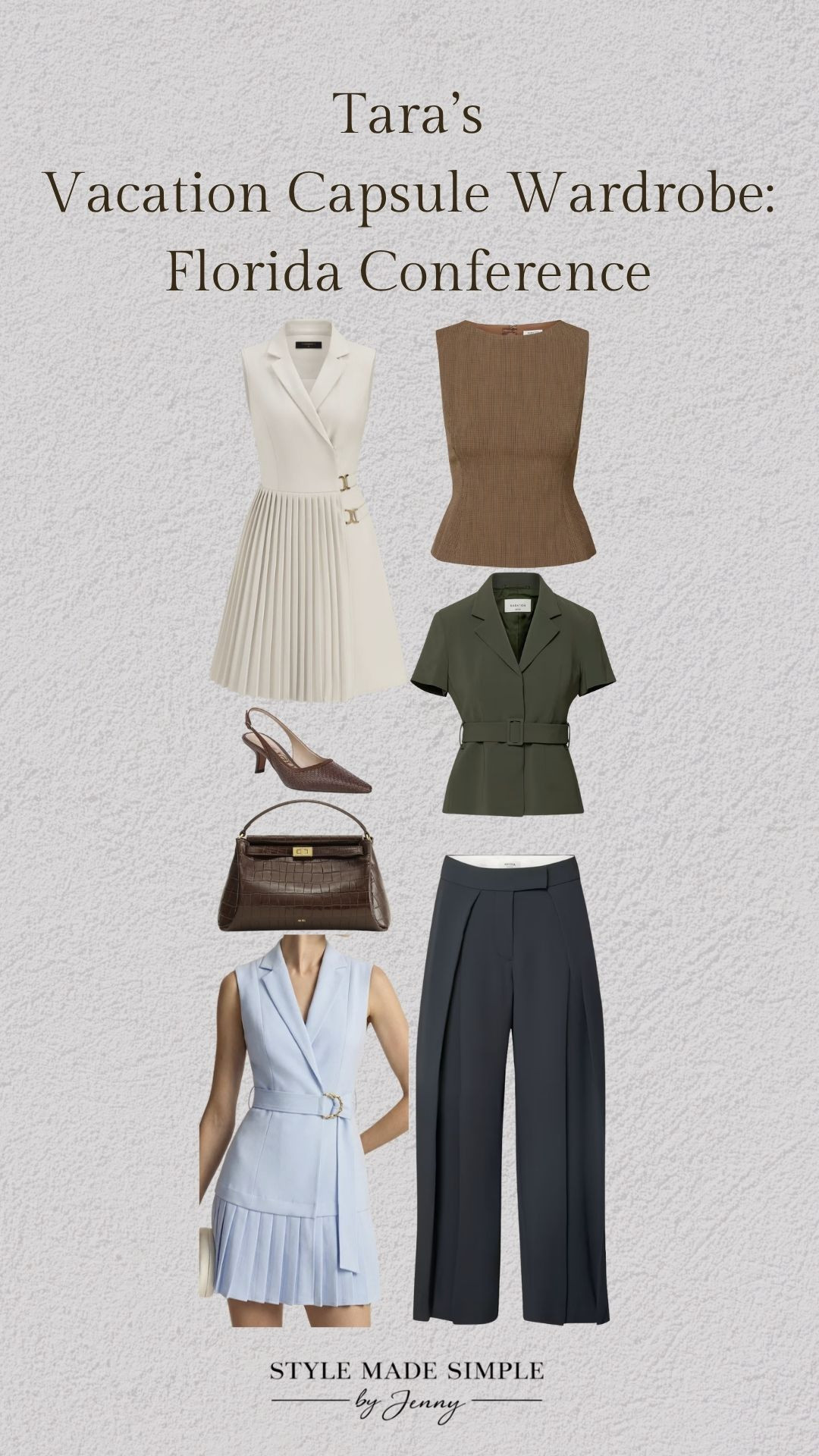 My client’s custom Vacation Capsule for a work conference in Florida. I styled polished, professional pieces that work for the warmer climate while still giving her plenty of options that feel elevated, modern and conference-appropriate.

Want me to take the stress out of packing for your next trip? Book a custom Vacation Capsule and I’ll style 10 pieces + 10 complete outfits specifically for your destination, itinerary, body, budget and personal style: https://stylemadesimplebyjenny.com/

work conference outfits, conference outfits, conference outfit women, business conference outfits, work trip outfits, business travel outfits, business casual outfits, business formal outfits, professional outfits women, workwear outfits, summer workwear, Florida work outfits, warm weather workwear, work dresses, conference dresses, business casual dress, wide leg trousers, work pants women, tailored trousers, sleeveless work top, blazer top, work heels, slingback heels, professional handbag, work tote, capsule work wardrobe, travel work wardrobe

#WorkwearOutfits #ConferenceOutfits #BusinessCasual 

 