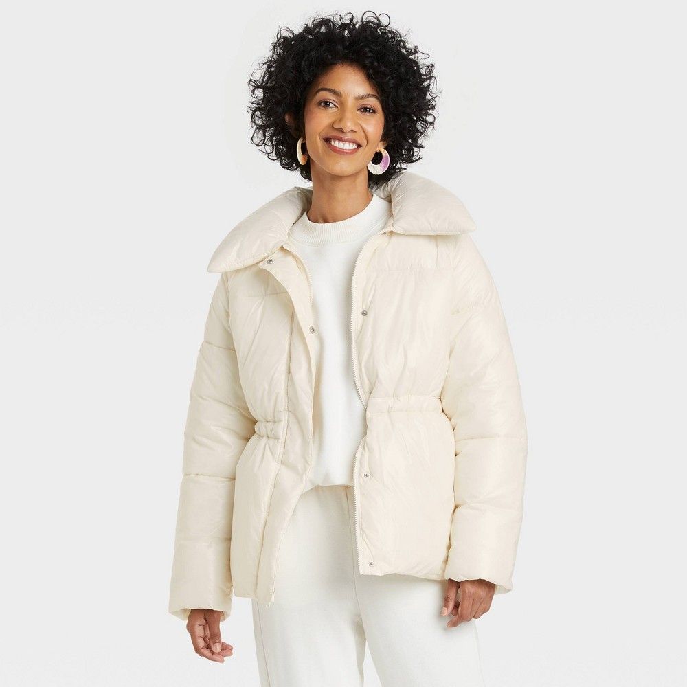 Women's Medium Length Wet Look Puffer Jacket - A New Day Cream XL, Ivory | Target