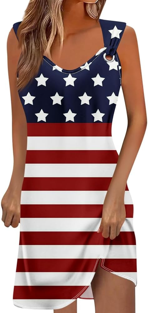 American Flag Dresses for Women Summer Patriotic Sleeveless Dress 4th of July Pullover Beach Dres... | Amazon (US)