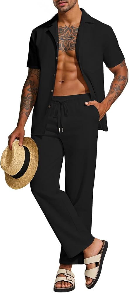 UOUA Mens 2 Piece Linen Set Summer Beach Button Down Short Sleeve Shirt Long Pant Vacation Casual... | Amazon (US)