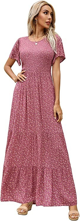 Kranda Women's Round Neck Short Flutter Sleeve Smocked Ruffle Floral Maxi Dress | Amazon (US)